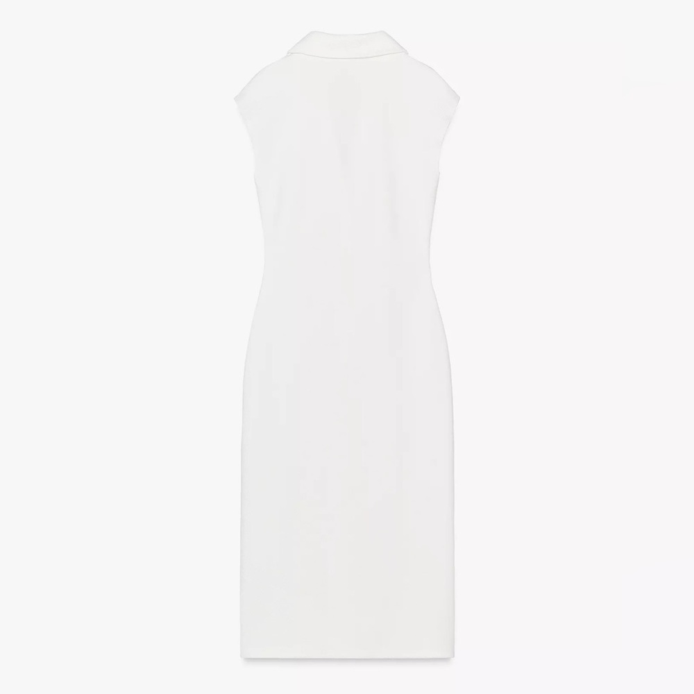 Zara Pique Midi Dress Oyster White Sleeveless & Gold Button Stretch V neck NWT S - Picture 9 of 14